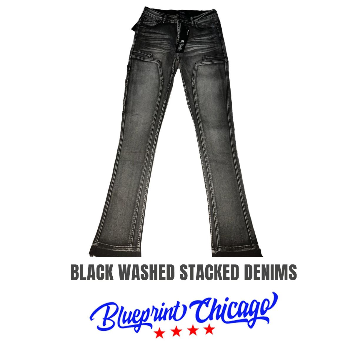 Black washed stacked denim